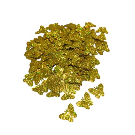 Paetê Pastilha Borboleta 14mm Dourado Holográfico – 20 Gramas